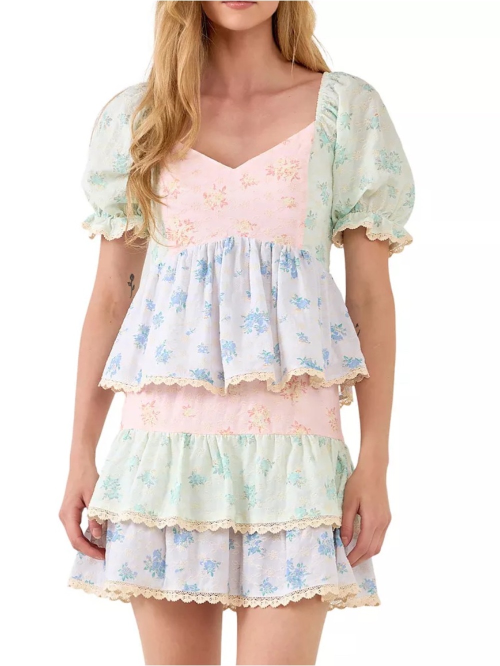 Free the Roses Color Block Eyelet Peplum Top